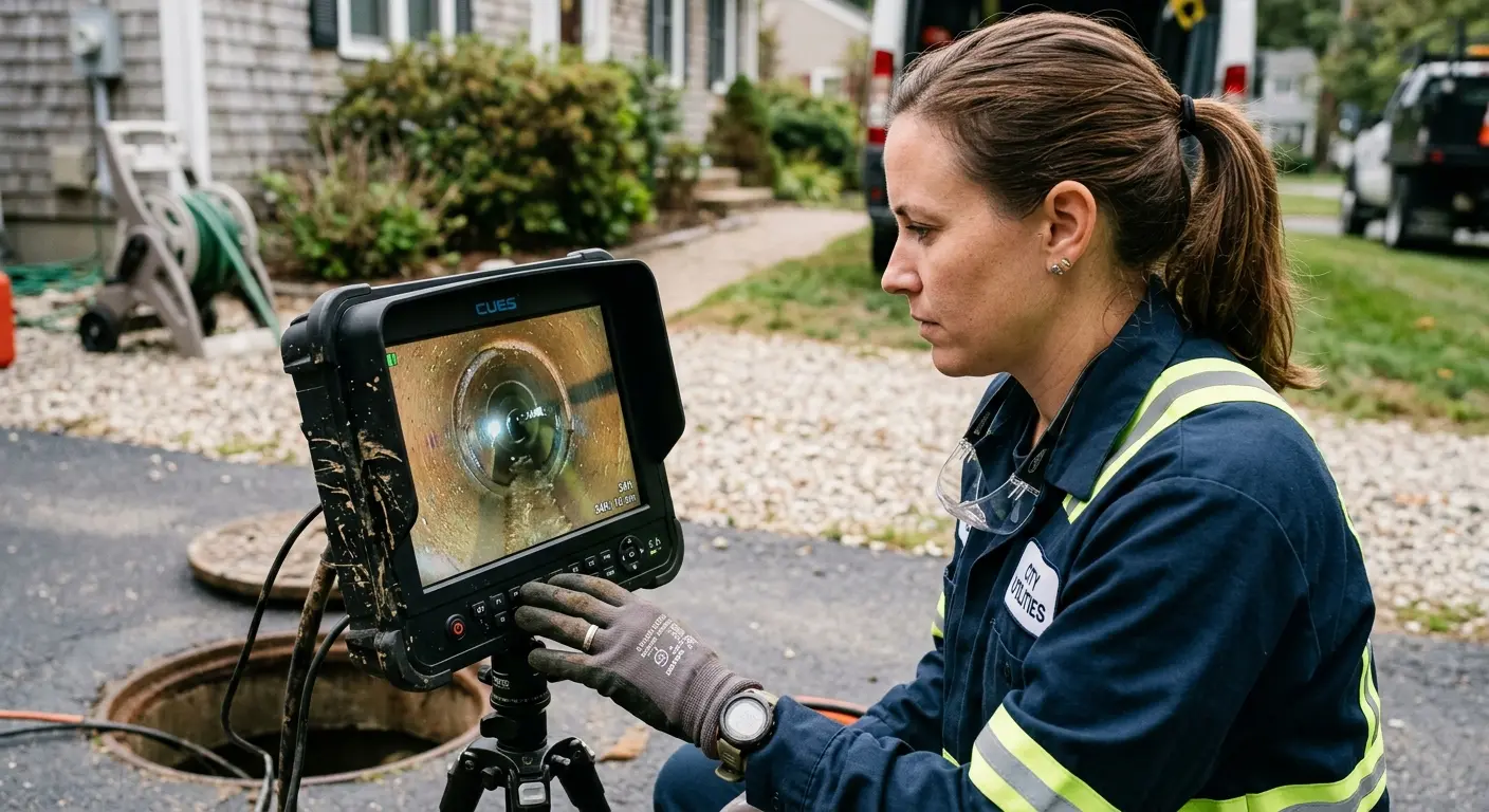 Technician reviewing sewer camera inspection footage in Denison