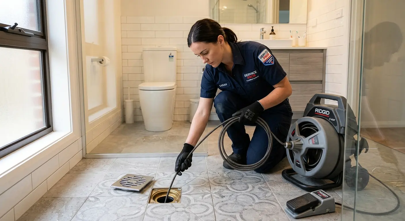 Technician clearing a bathroom floor drain for Hydro Jetting in Denison